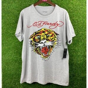 Ed Hardy T shirt Tiger Mens Size L Grey Short Sleeve NWT